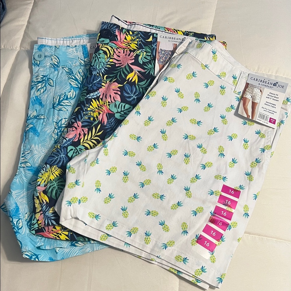 NWT Caribbean Joe Tropical Print Shorts Trio